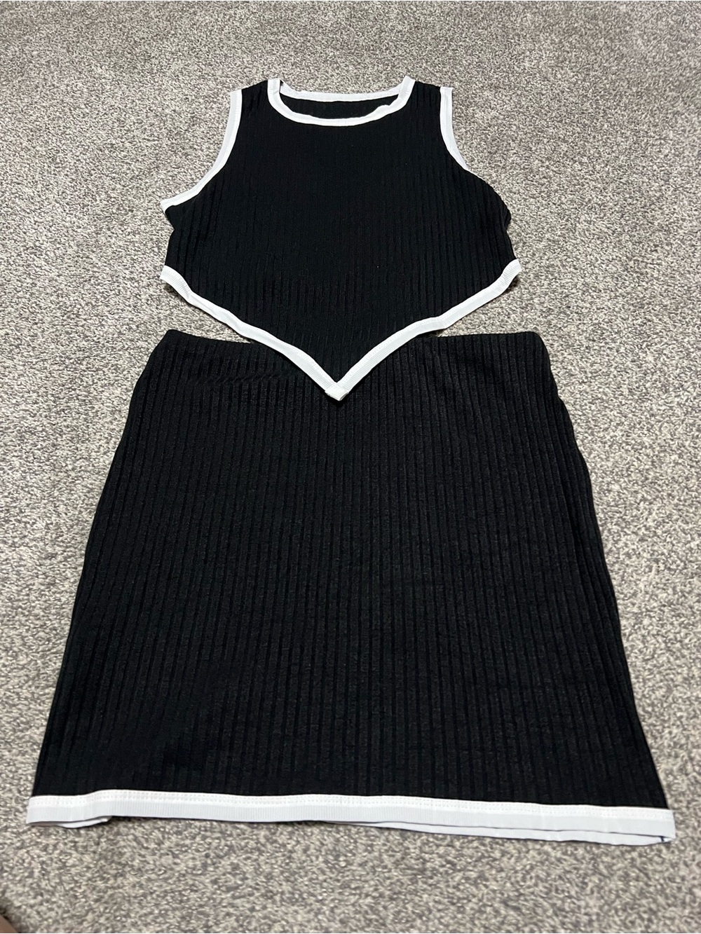 Womans size large Black Ribbed Two-Piece Crop Top and Mini Skirt Set